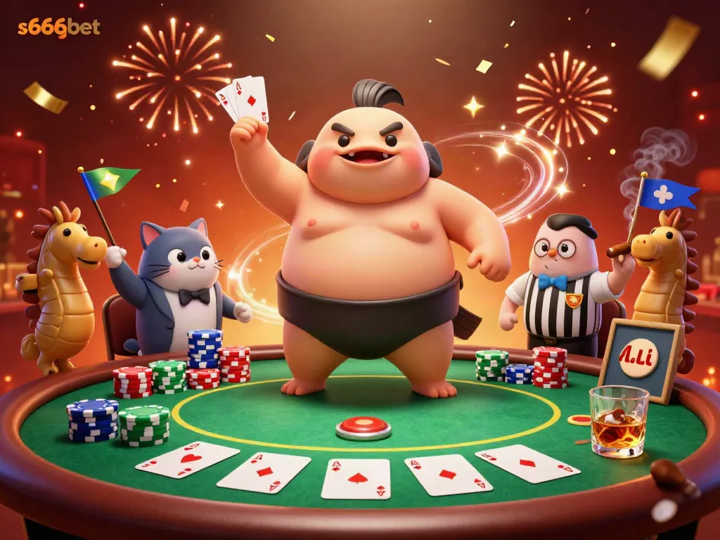 Engage with s666bet's vibrant poker-themed 3D scene featuring a blowfish in a sumo wrestler's belt with festive elements.