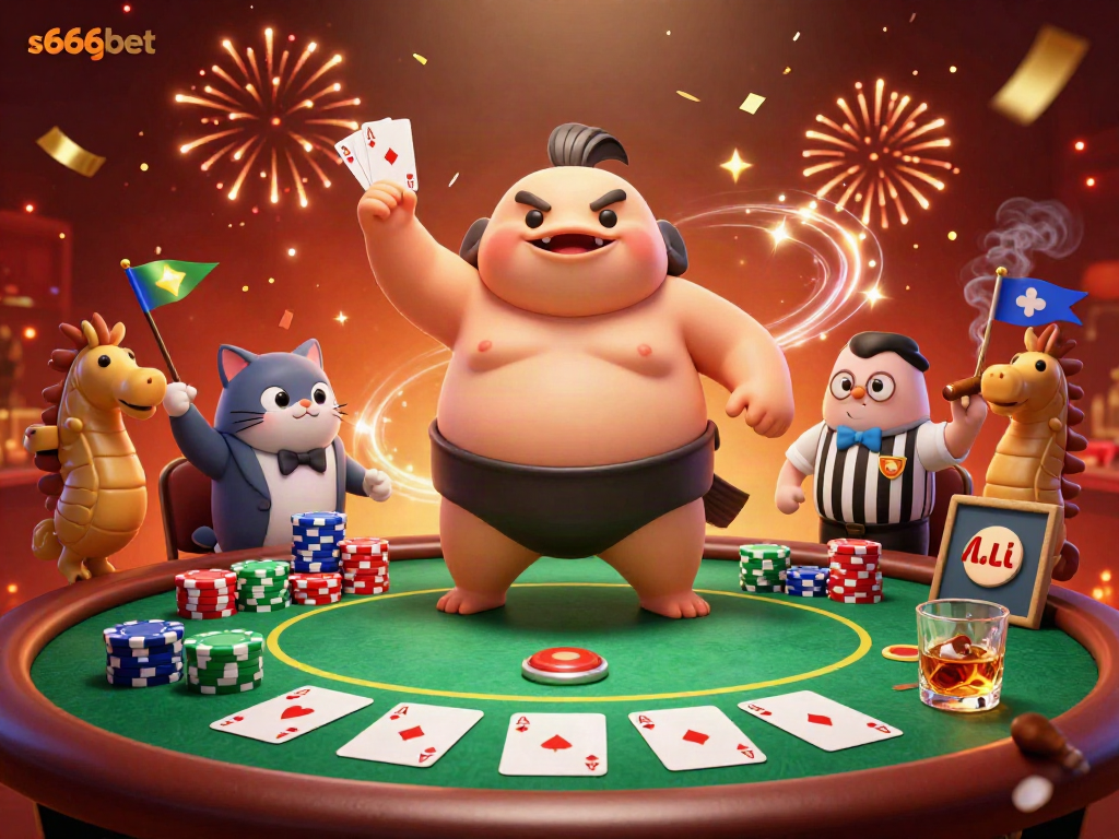 Engage with s666bet's vibrant poker-themed 3D scene featuring a blowfish in a sumo wrestler's belt with festive elements.