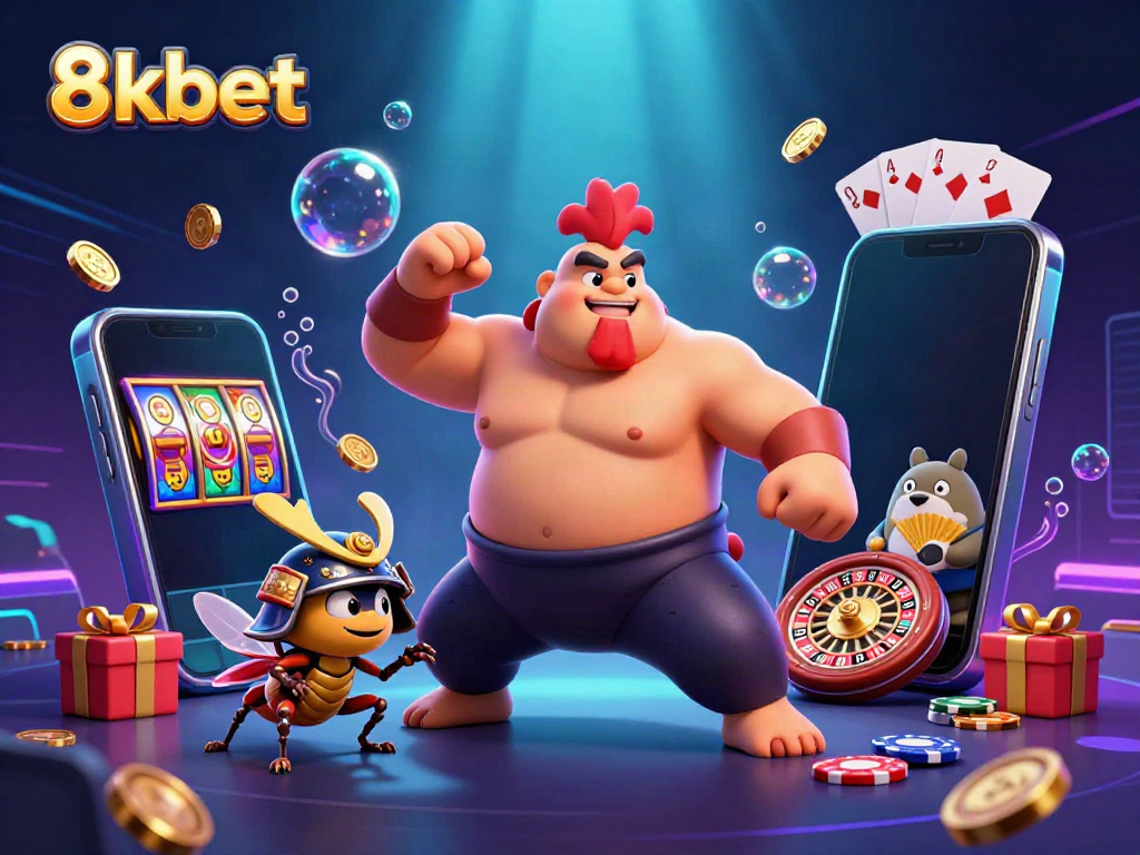 Experience thrilling action at 8kbet with a sumo wrestler and samurai cricket in this vibrant casino scene.