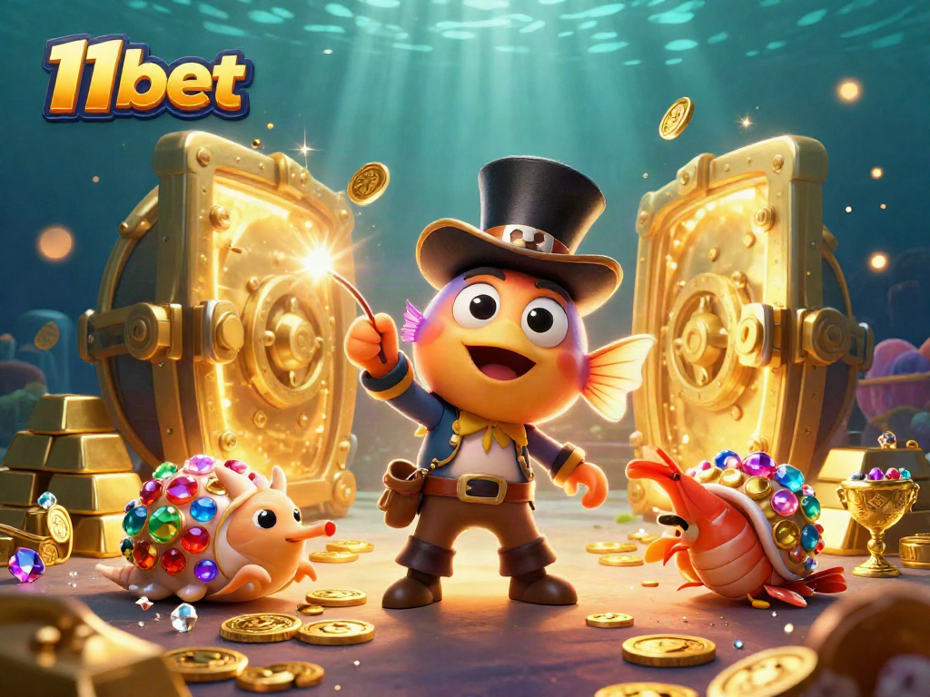Engage with 11bet's thrilling gaming scene showcasing an anglerfish attracting golden coins in a rich underwater casino.