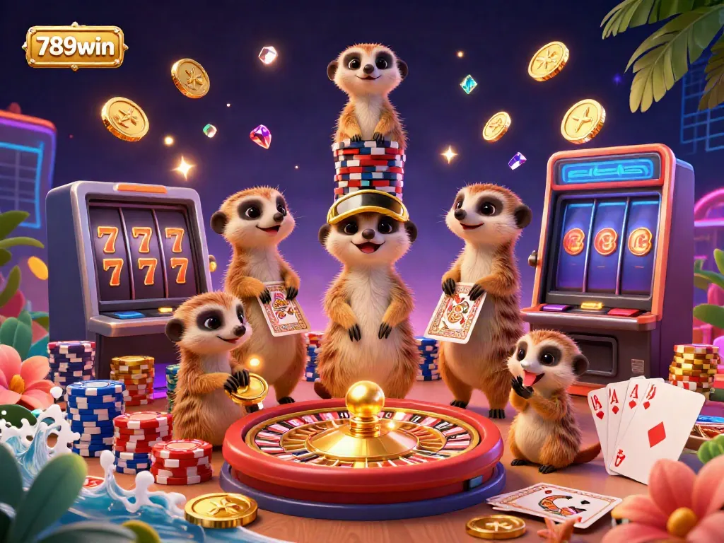 A lively 3D cartoon scene of meerkats operating a casino, showcasing 789win's vibrant game atmosphere.