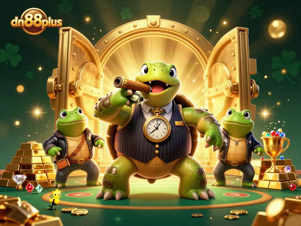 Join the excitement at dn88plus with a vibrant 3D casino scene featuring a stylized turtle mobster and treasure.