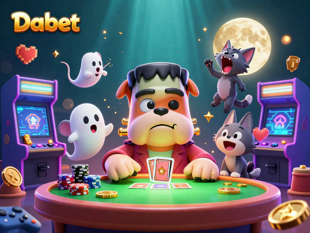 Dabet engages players with a lively 3D casino scene featuring a monster dealer and playful characters.