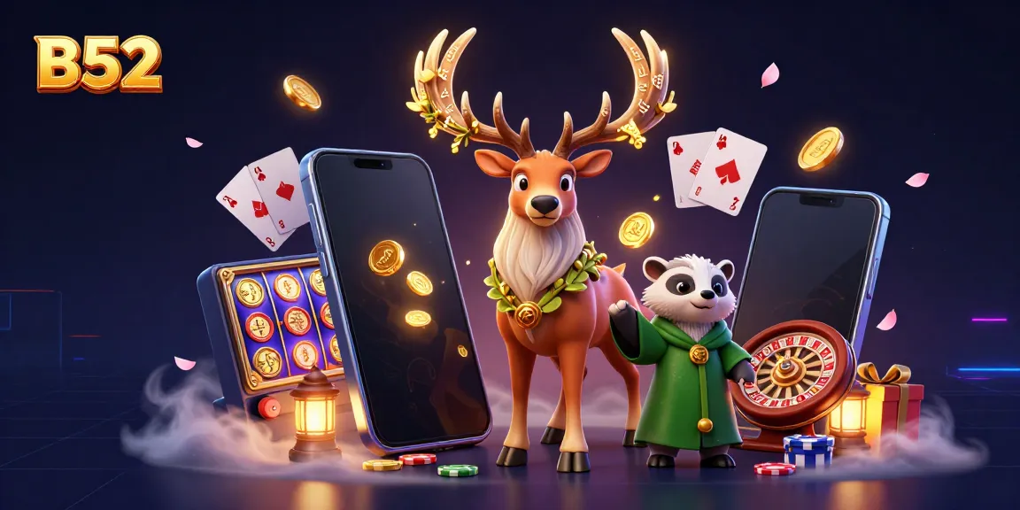 B52 offers exciting gameplay with colorful slot games and bonuses, showcased by a vibrant 3D illustration.