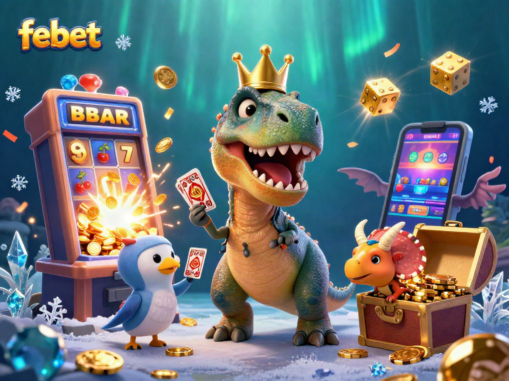febet showcases a charming T-Rex and friends playing cards in a dynamic casino scene.