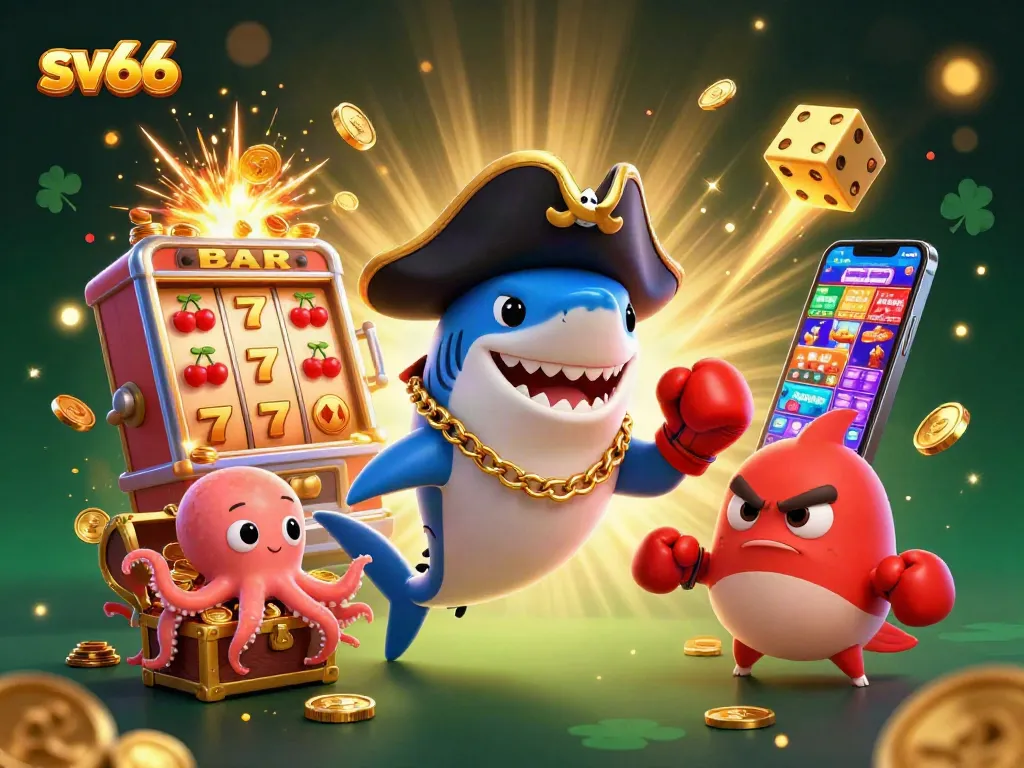 Experience the thrilling slots action at sv66 with a pirate shark and friends celebrating a jackpot explosion.