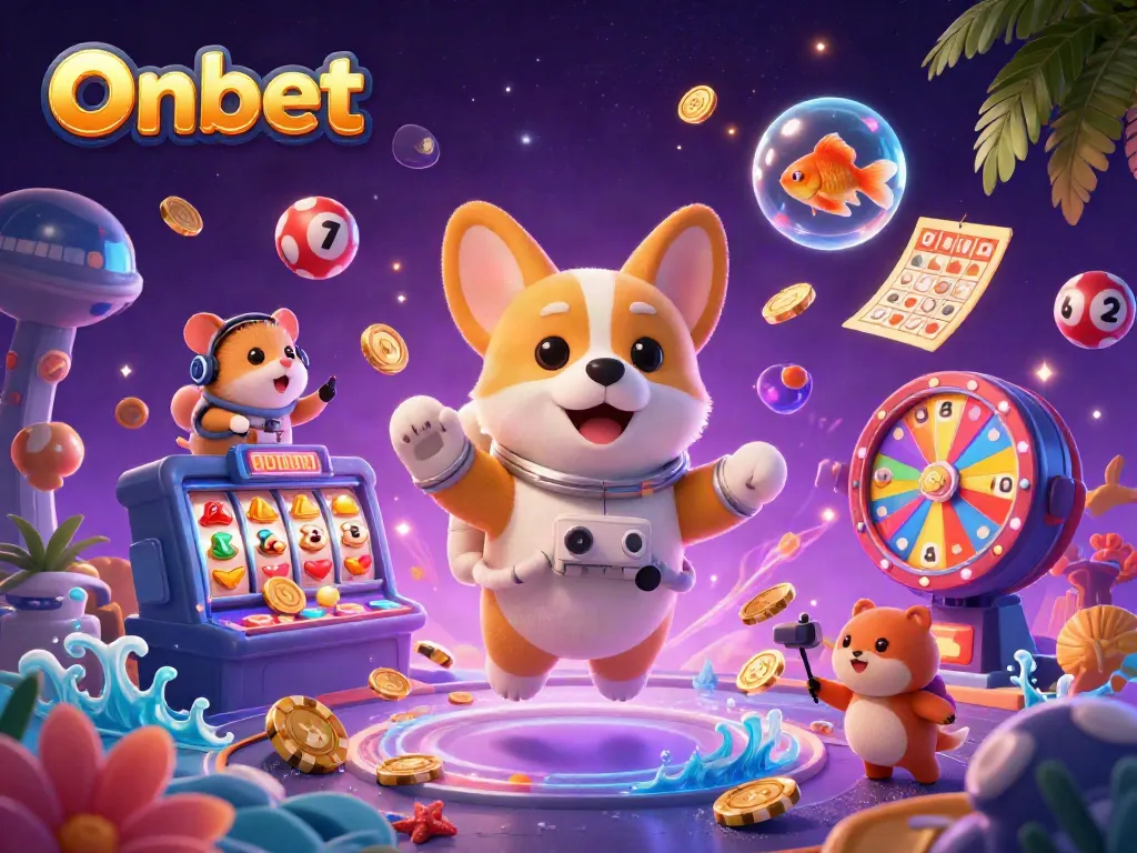 Engage in thrilling gaming action with Onbet's vibrant casino atmosphere featuring floating characters.