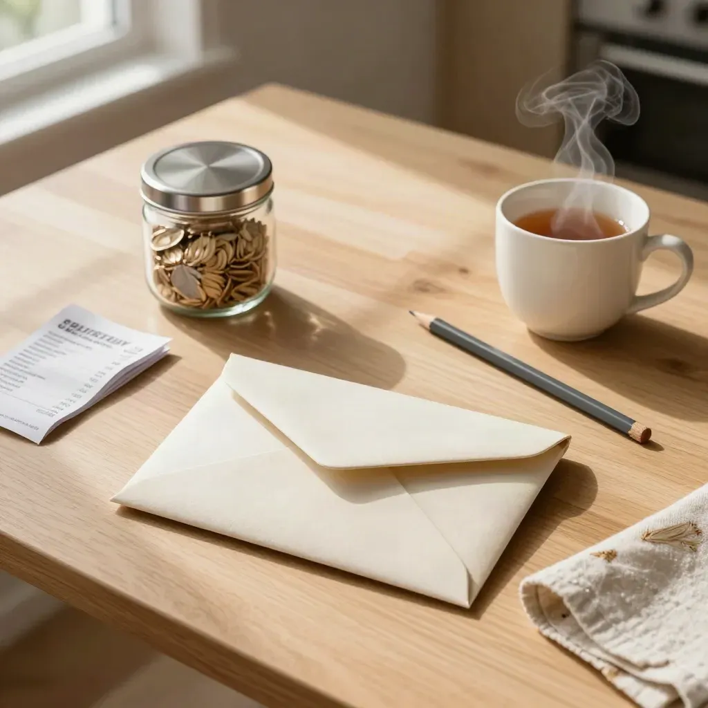Overhead kitchen budget reset with envelope wallet, coin jar and steaming tea on warm oak.