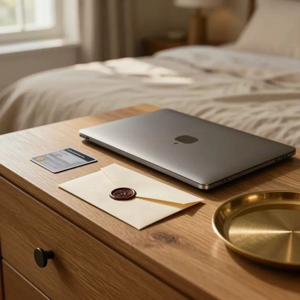 Top-down bedside dresser with closed laptop, bank card, sealed letter and brass tray in warm evening light.