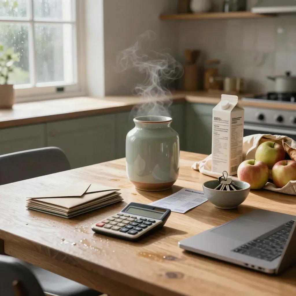 UK kitchen table with money jar, bills, wallets, calculator, groceries and keys in morning light