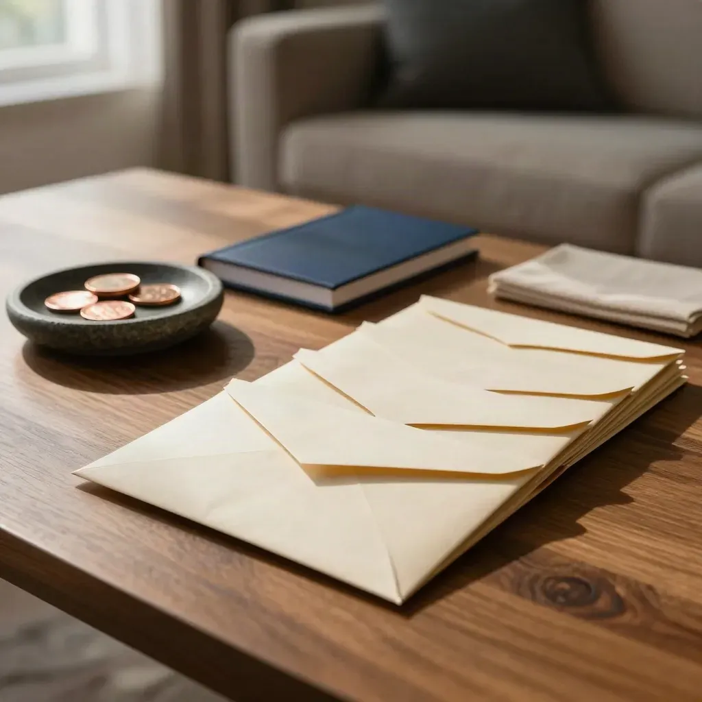 Ordered payment envelopes, coin dish and closed notebook on a coffee table in late window light.