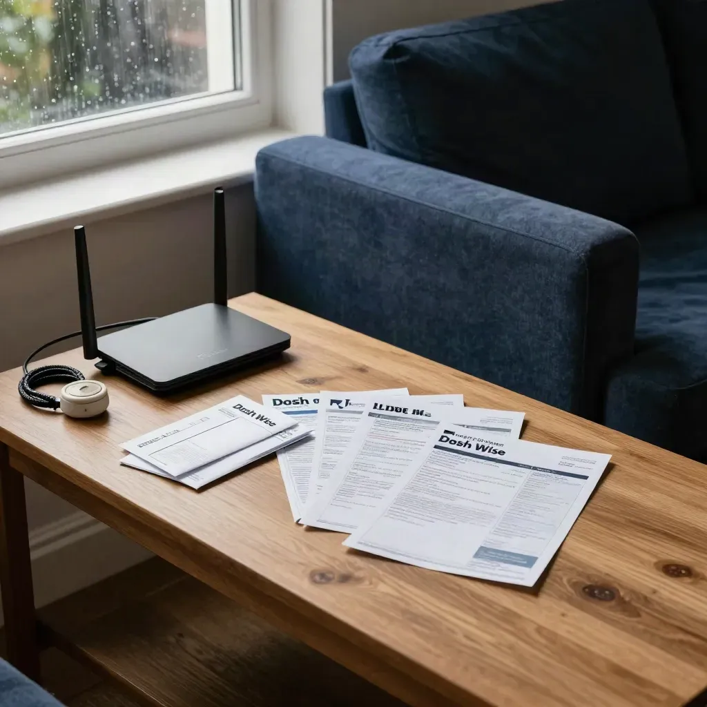 Sofa-side table with router, charger, envelopes and thermostat by a rainlit window