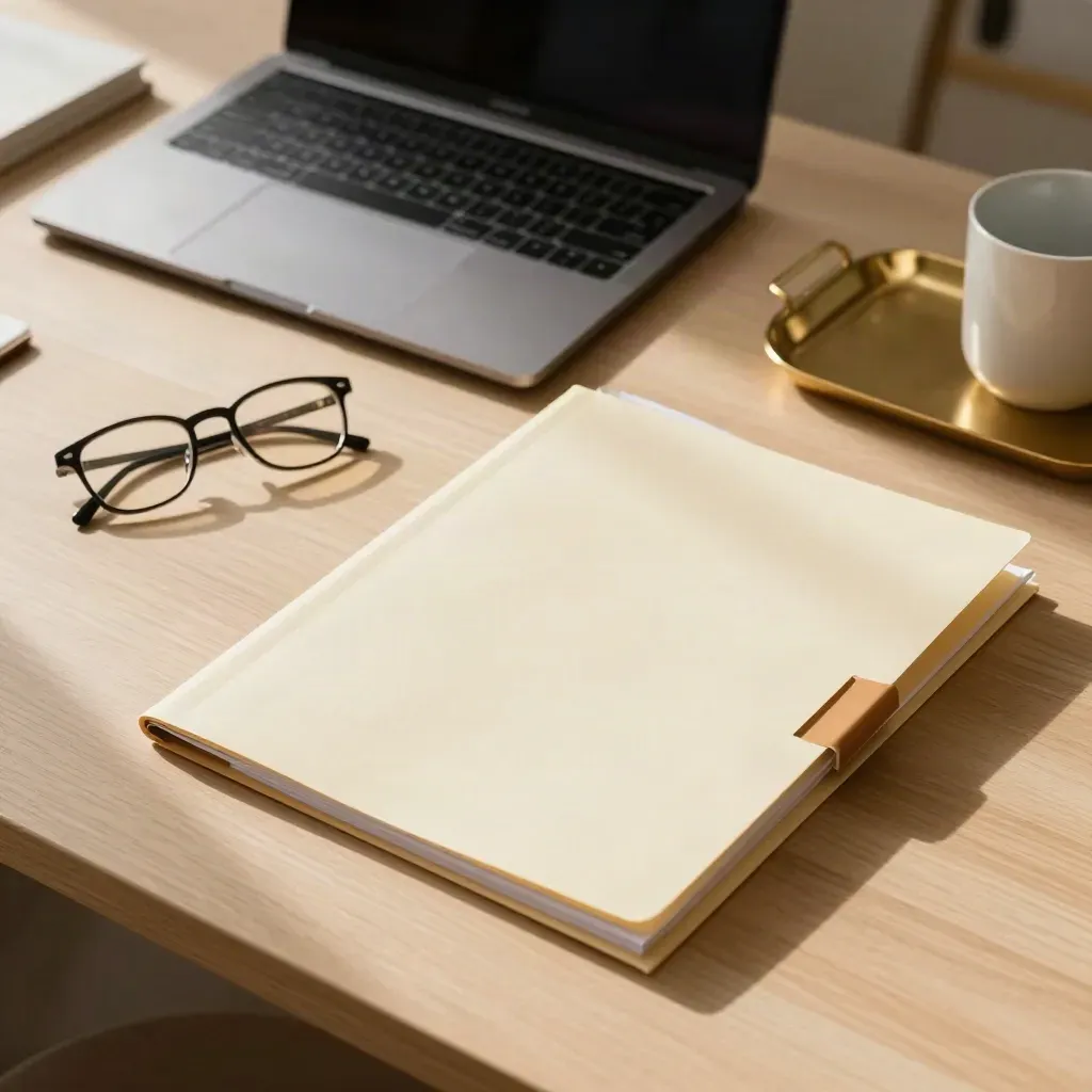 Top-down home-office scene with laptop, folder, glasses and brass tray in warm light.