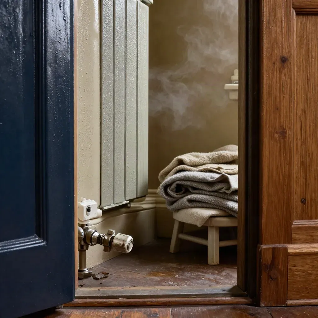 Boiler cupboard with valve, thermostat puck and wool blanket in a tense rainy-afternoon light