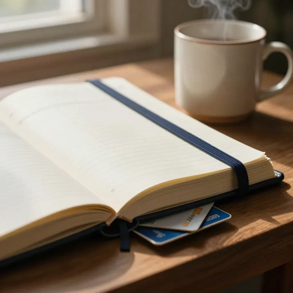 Planner, turned-over credit cards and a steaming mug on a walnut desk in warm light.