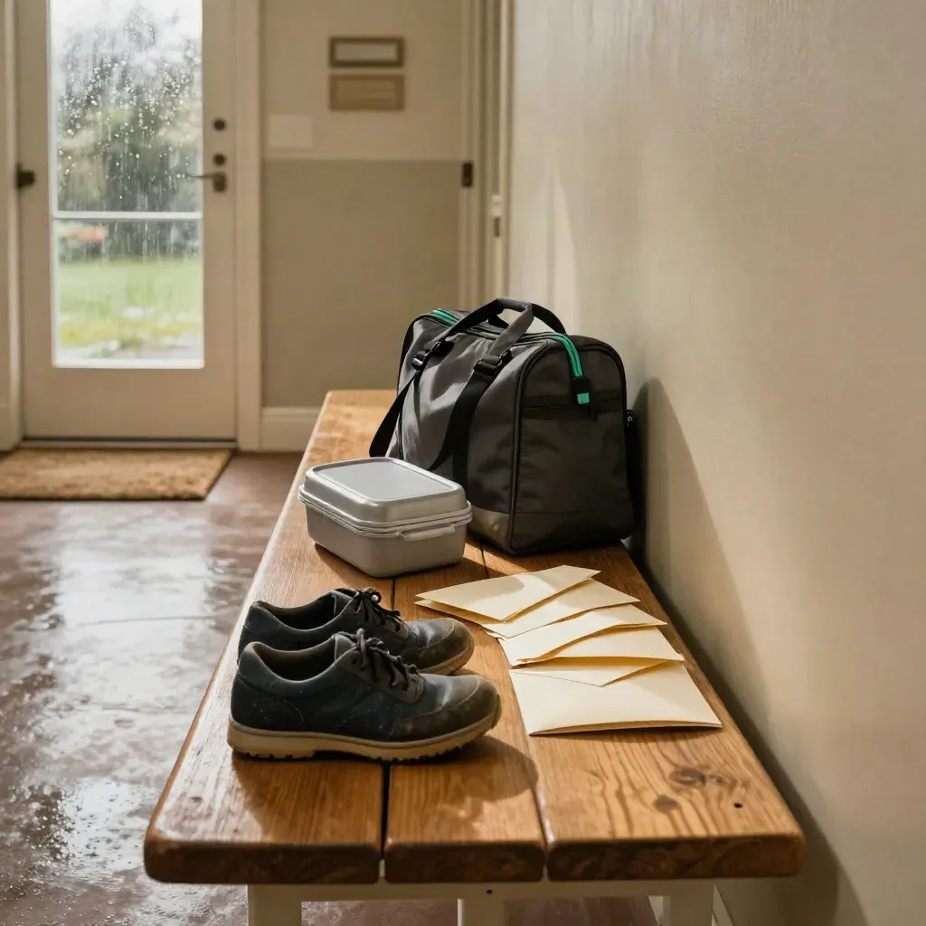 Hallway bench with school shoes, lunchbox, sports bag and envelopes on a damp morning