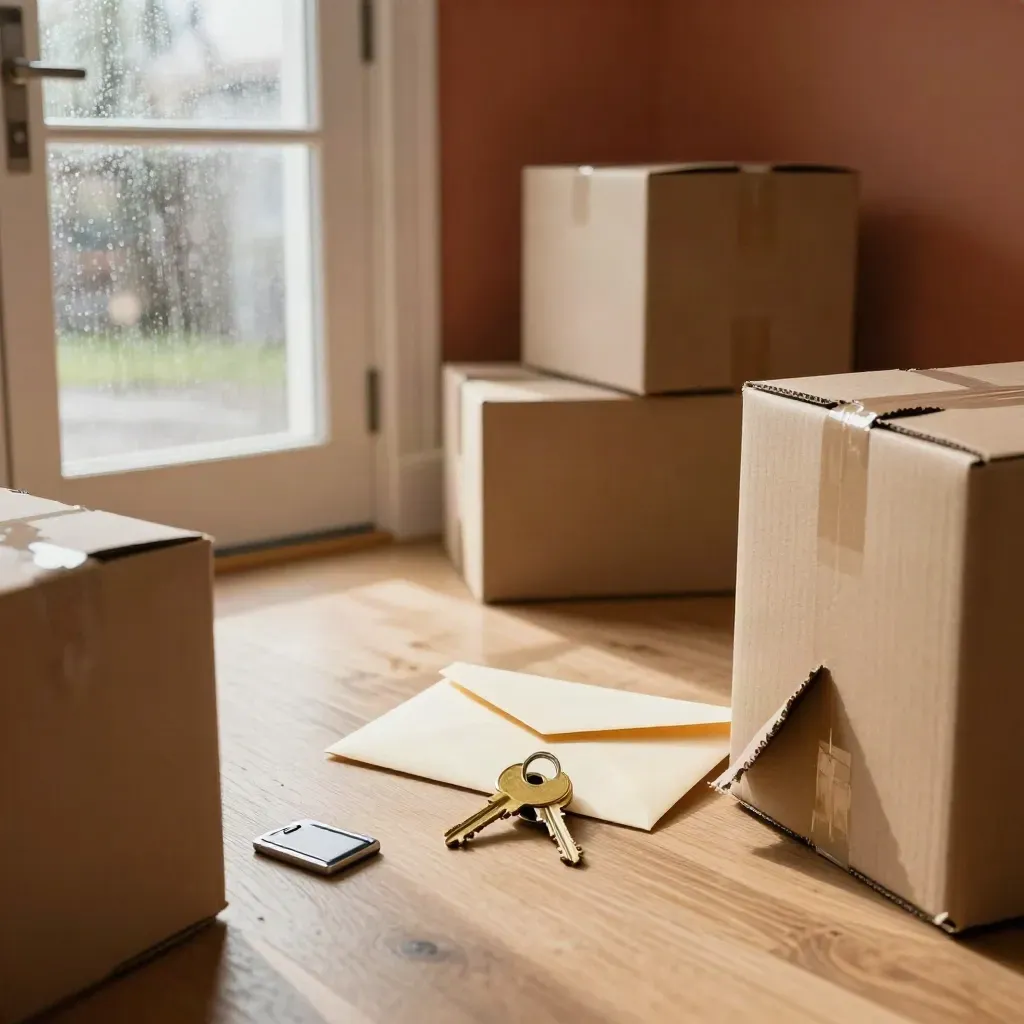 Moving boxes, keys and a face-down deposit envelope by a flat door table in rainy hallway haze.