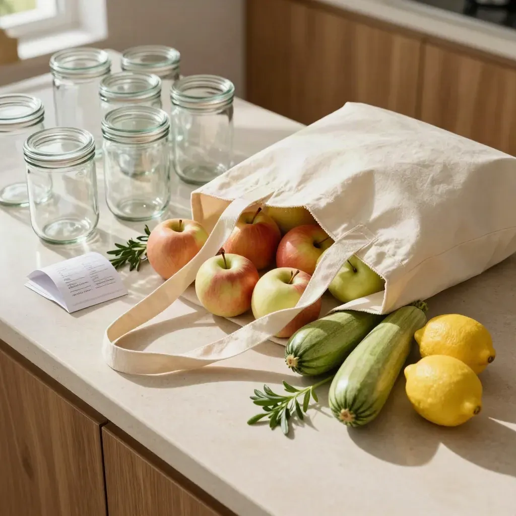 Top-down kitchen counter with groceries, tote, face-down receipts and glass jars in soft daylight.
