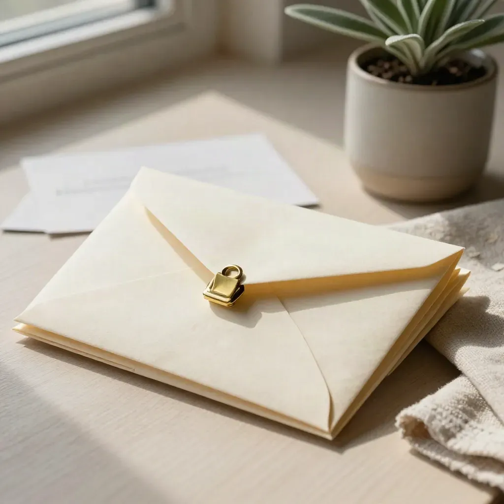 Brass-clipped envelopes with a small plant and linen cloth on pale oak