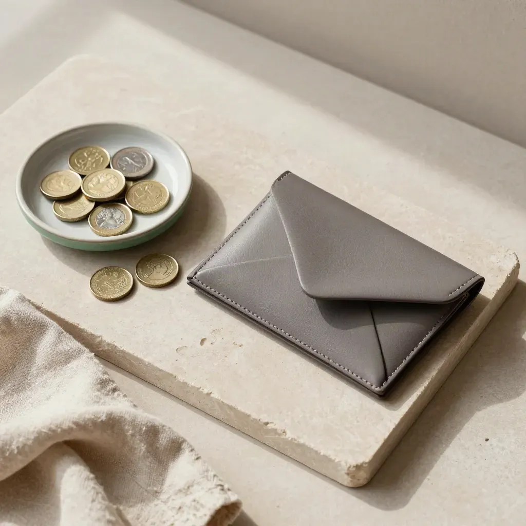 Overhead flatlay of a leather envelope wallet, coins, dish and linen on pale stone