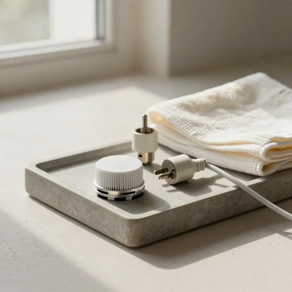 Thermostat dial, two adapters, and folded tea towel on a stone tray in soft window light.