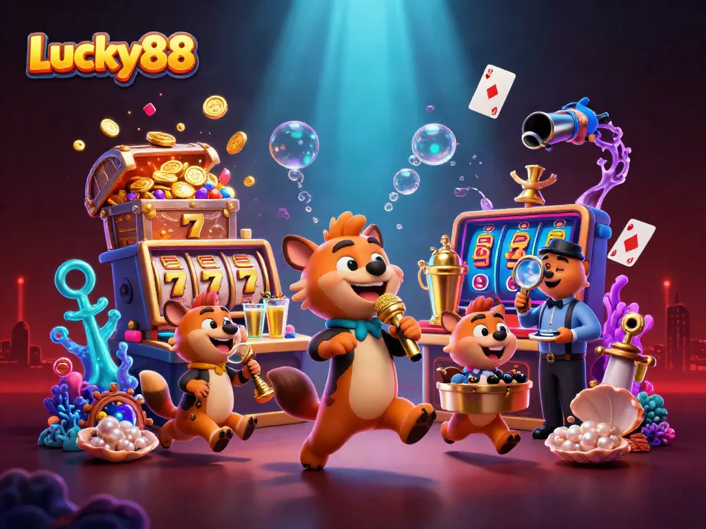 Hyenas hosting a lively comedy casino scene with Lucky88 branding, showcasing slots and treasures.