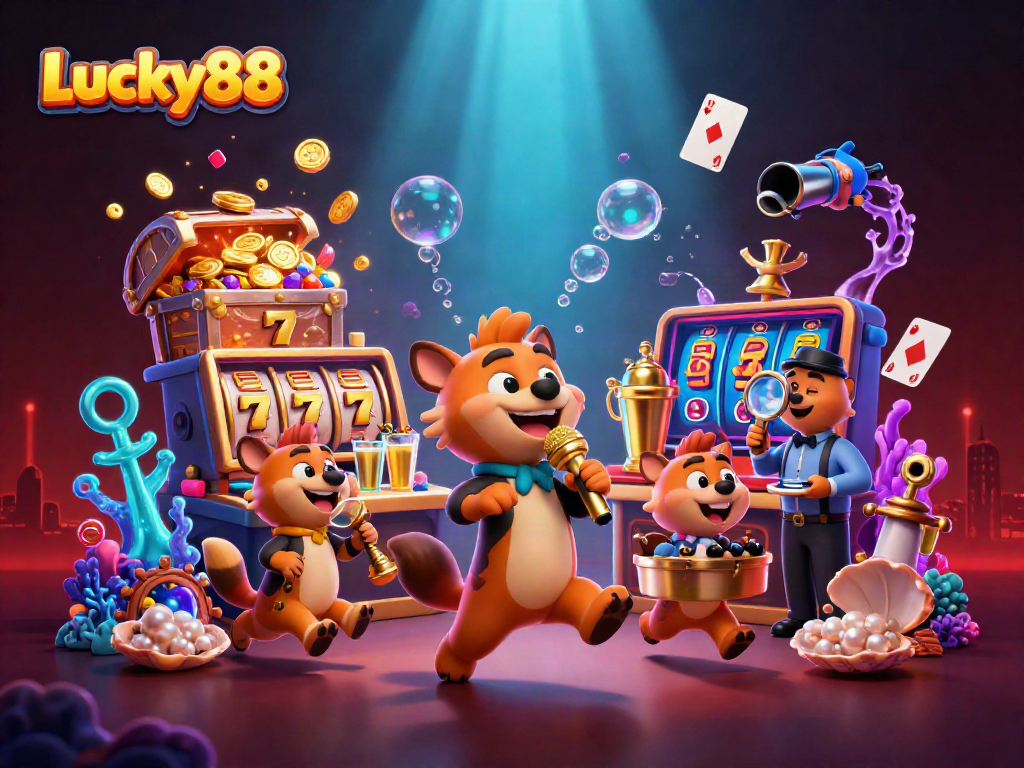 Hyenas hosting a lively comedy casino scene with Lucky88 branding, showcasing slots and treasures.