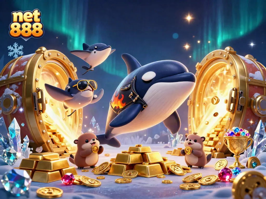Engage in thrilling fun at net 888 with animated characters celebrating treasure in a casino setting.