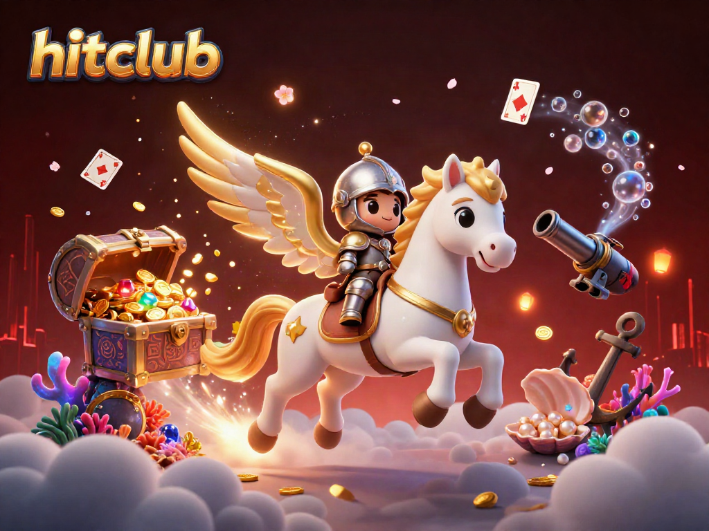 Engage with hitclub through an exciting 3D illustrated scene of gaming and adventure, filled with treasures and characters.