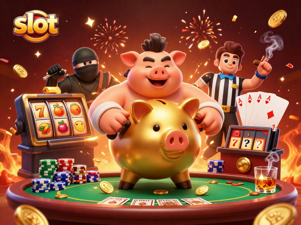 Celebrate wins with a dynamic slot scene featuring a golden piggy bank sumo wrestler