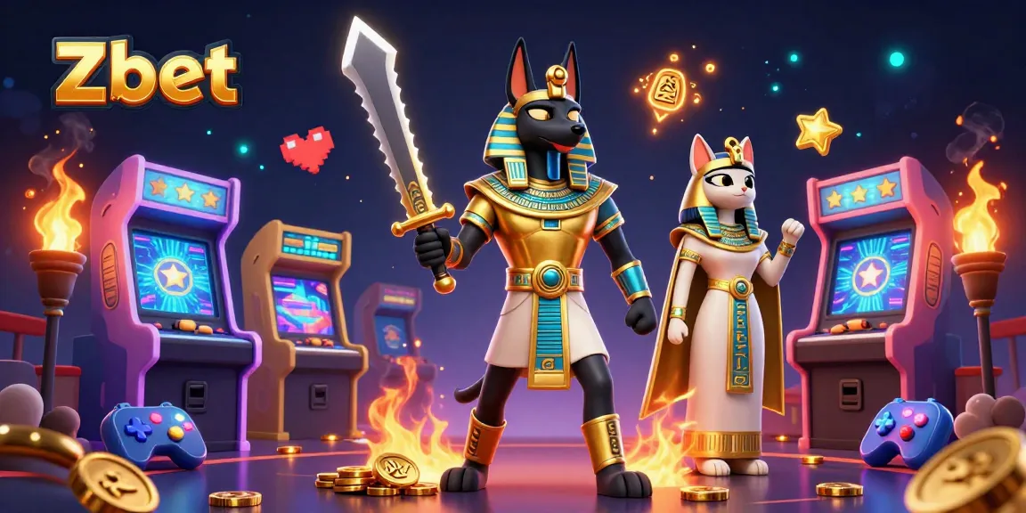 Zbet players enjoy thrilling gameplay with Anubis and Bastet surrounded by vibrant casino elements.