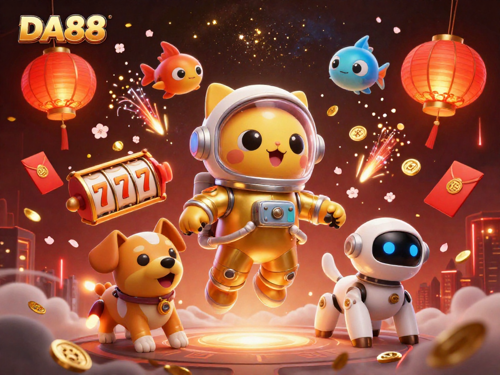 DA88 captivates gamers with its dynamic casino scene featuring a space astronaut cat, robot dog, and exciting slot reels.