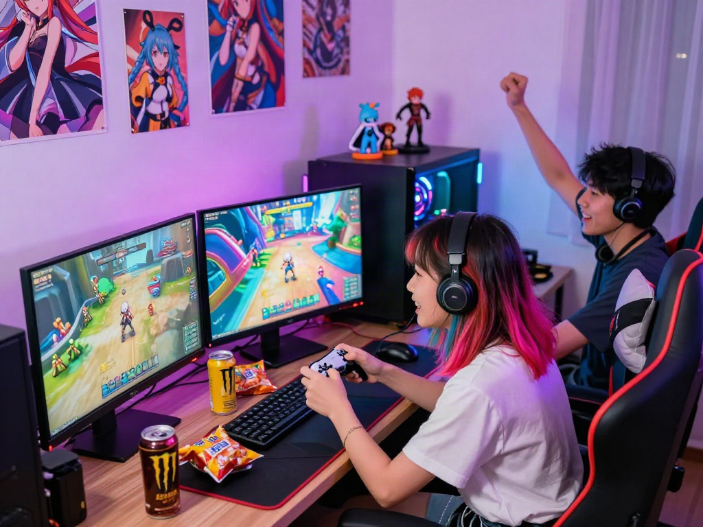 A lively gaming atmosphere with players enjoying hentai games, surrounded by anime decor and vibrant snacks.