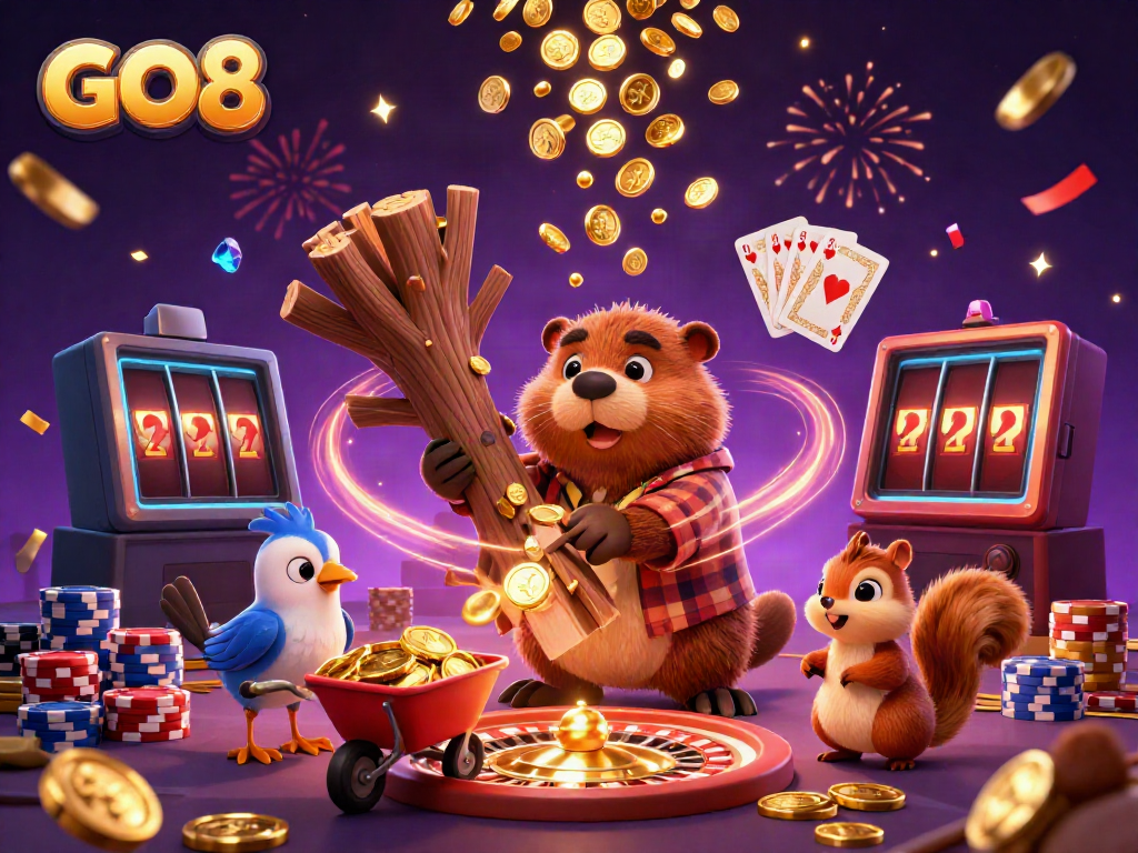 Engaging GO8 casino scene with a lively beaver chopping a golden coin tree, cheerful bird, and squirrel