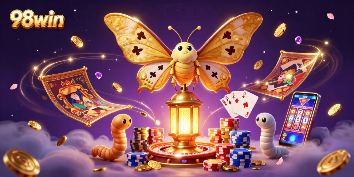 Play casino games with 98win, featuring a vibrant illustration of a golden moth and casino elements.