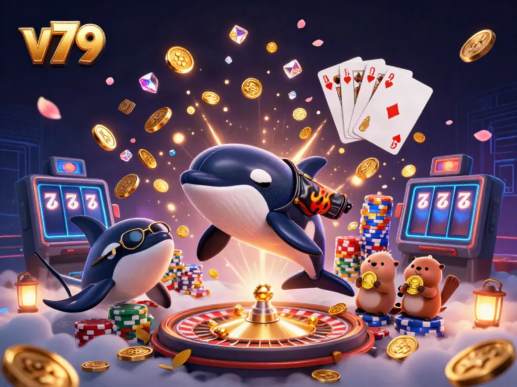Experience vibrant gaming at v79 with characters in action, showcasing casino elements and excitement.
