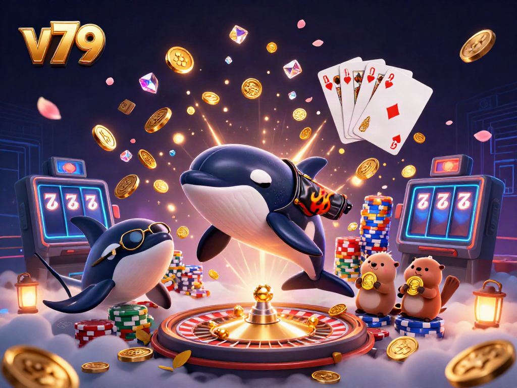 Experience vibrant gaming at v79 with characters in action, showcasing casino elements and excitement.