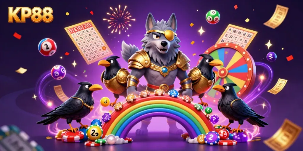 Experience the thrill of KP88 with a dynamic 3D illustration of casino elements and Norse mythology characters.