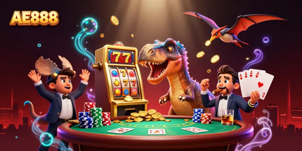 Experience the thrill of AE888 as a pachycephalosaurus wins coins from a golden slot machine in a vibrant casino setting.