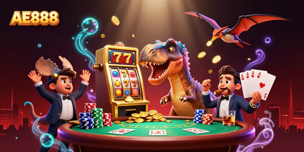 Experience the thrill of AE888 as a pachycephalosaurus wins coins from a golden slot machine in a vibrant casino setting.