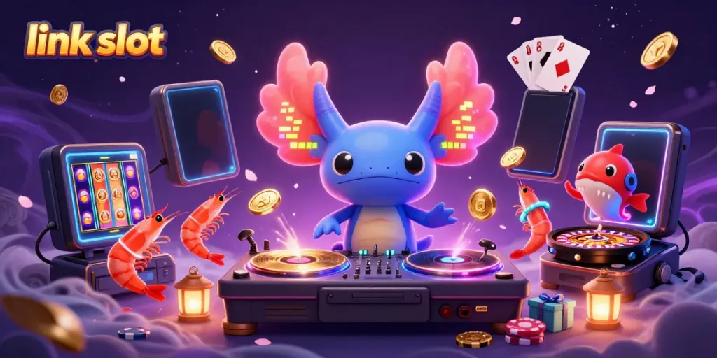 Engage with link slot through a vibrant scene of a neon axolotl DJ and animated sea creatures celebrating casino games.