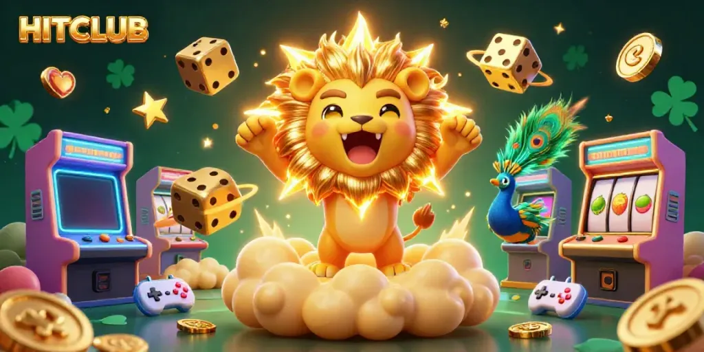 Experience thrills at HITCLUB with a vibrant 3D casino scene showcasing games and excitement.