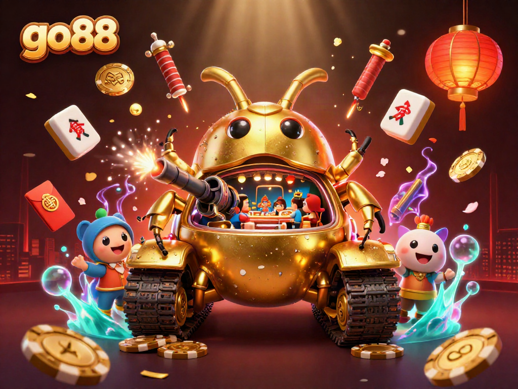 Engage with go88's thrilling casino adventure featuring a vibrant 3D scene filled with gold and luck.