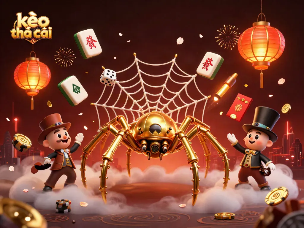 Engage in smart betting with kèo nhà cái strategies featuring a playful steampunk spider.