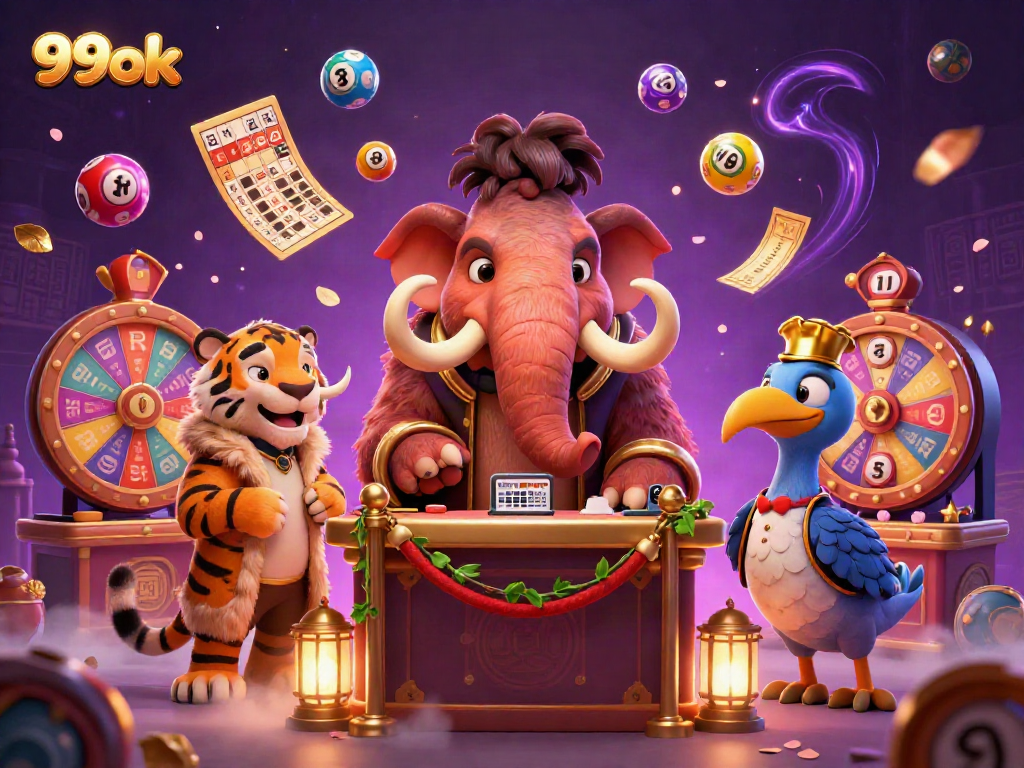 Experience the vibrant energy of 99ok casino with imaginative characters like a woolly mammoth bouncer and a saber-tooth tiger VIP guest.