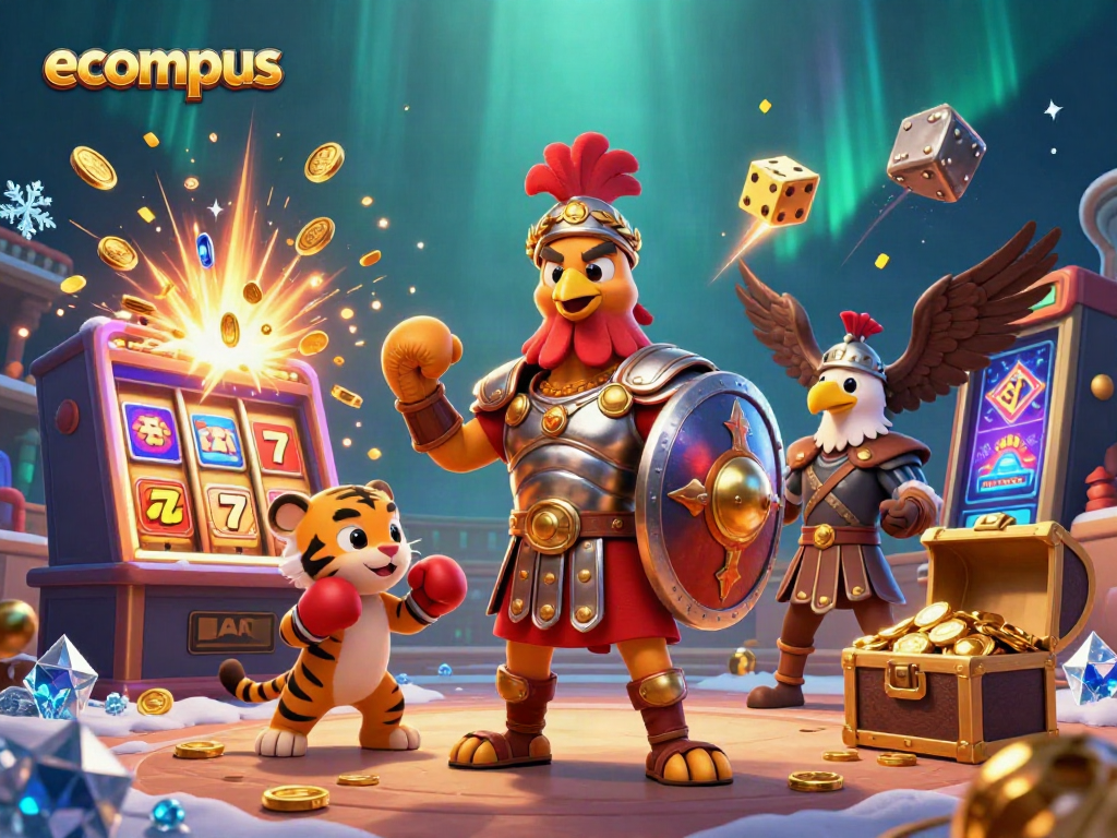 Engage in thrilling casino action with ecompus featuring a colorful rooster and dynamic gaming symbols.