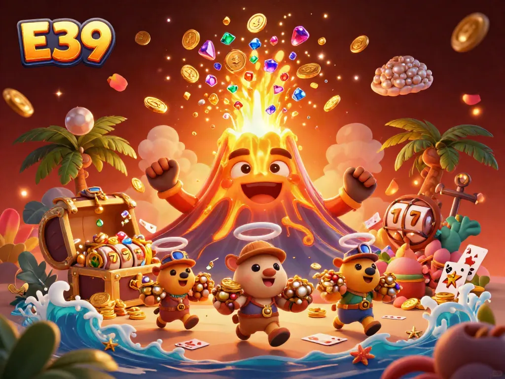 E39 creates a lively casino scene with a golden volcano, treasures, and thrilling game elements.