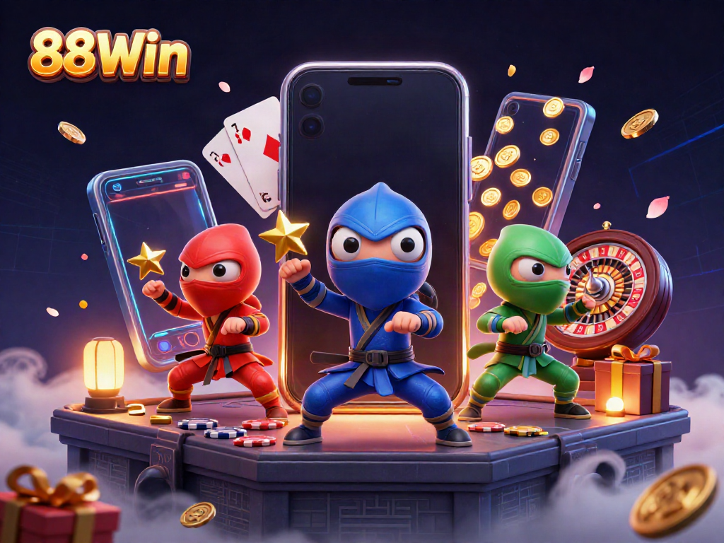 Play amazing slots and games at 88Win with chameleon ninjas celebrating wins!
