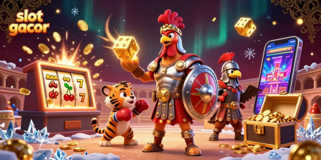 Experience the thrill of slot gacor with a dynamic illustration of colorful casino elements and characters.