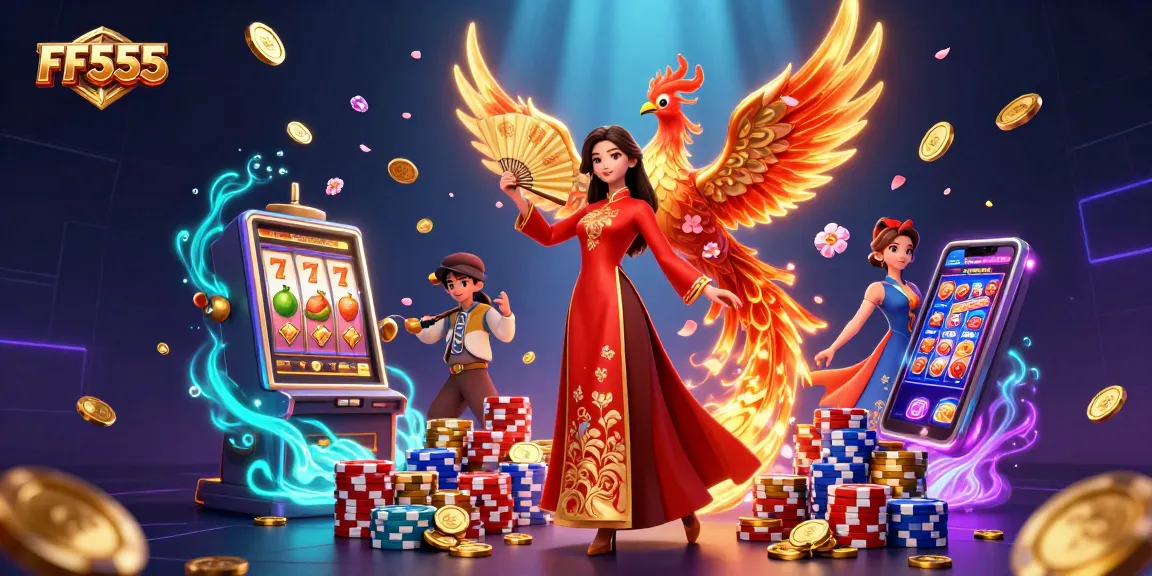 Experience excitement with FF555 slots as cascading coins and a colorful poker scene come to life.